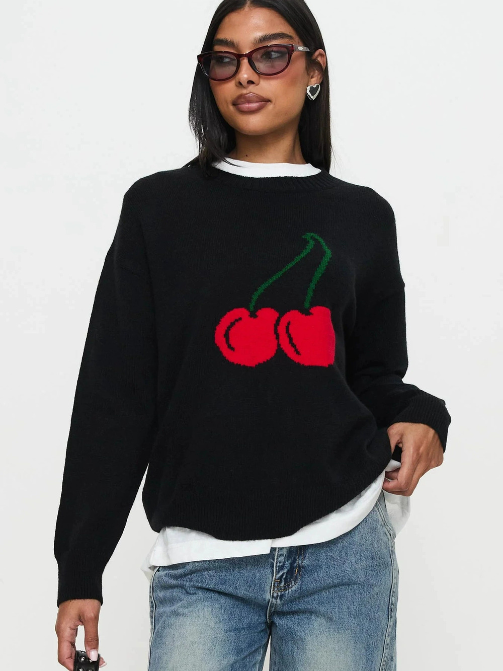 ZARA Oversized Cherry Print Round Neck Long Sleeve Knit Sweater